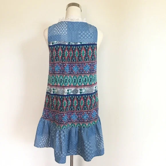 Blue Printed Sleeveless Drop Hem Mini Dress - Picture 3 of 8